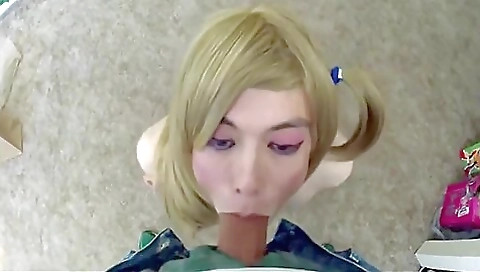 Amateur blonde shemale is fucked by a massive cock