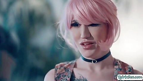 Busty shemale with a nice round booty takes a big cock