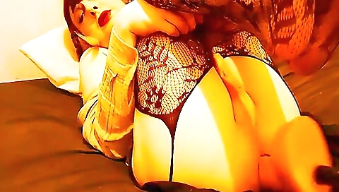 Brunette beauties in stockings finger her pussy with a toy