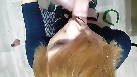 Guy fucks bareback of a busty redhead girl in the mouth